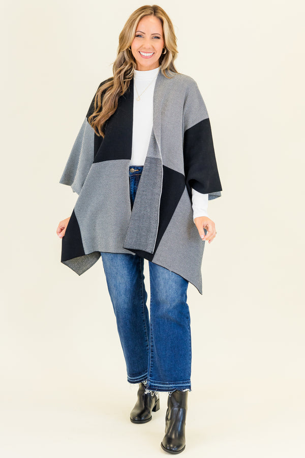 Chic Soul plus size clothing, black cozy multi-colored color-block flowy duster with quarter-sleeves