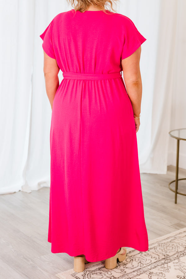 Chic Soul plus size clothing, short sleeve hot pink maxi dress with v-neckline and tie on the front