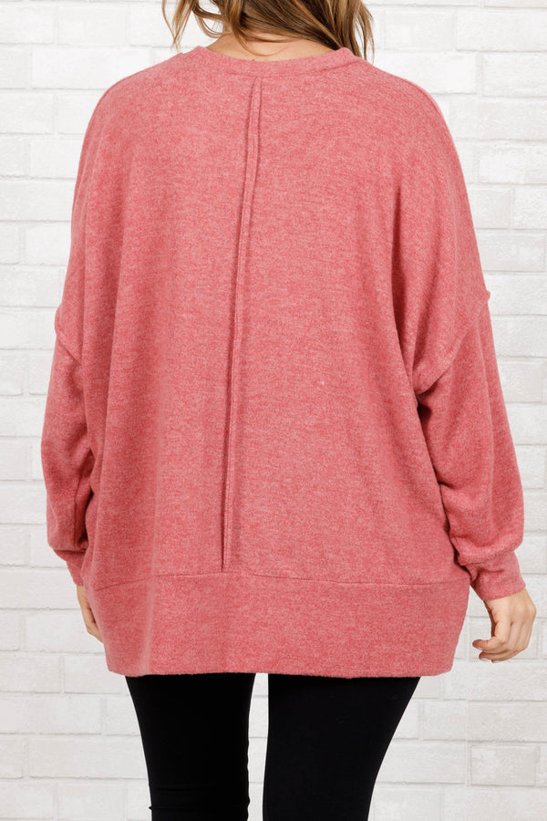 Chic Soul plus size clothing, rose colored oversized sweater with pocket and outward seam detail on arms