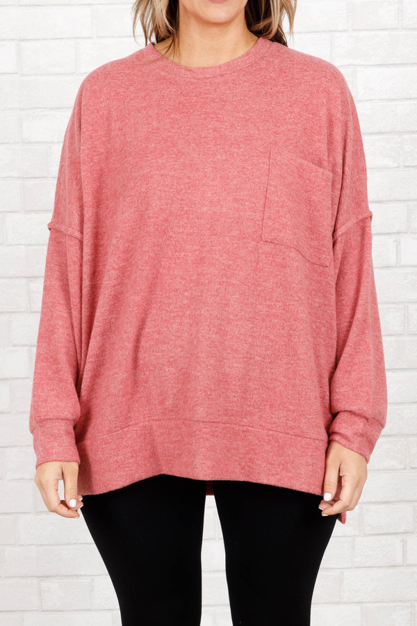 Chic Soul plus size clothing, rose colored oversized sweater with pocket and outward seam detail on arms