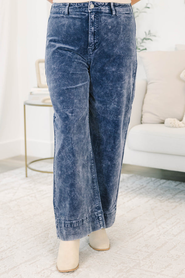 Plus Size wide-leg corduroy pants in a faded blue moon wash with a high-waisted fit.