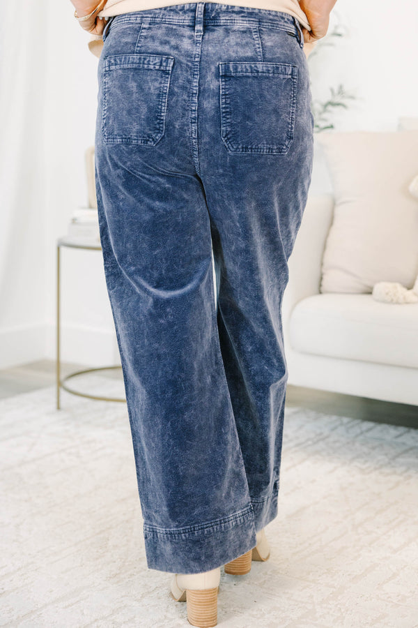 Plus Size wide-leg corduroy pants in a faded blue moon wash with a high-waisted fit.