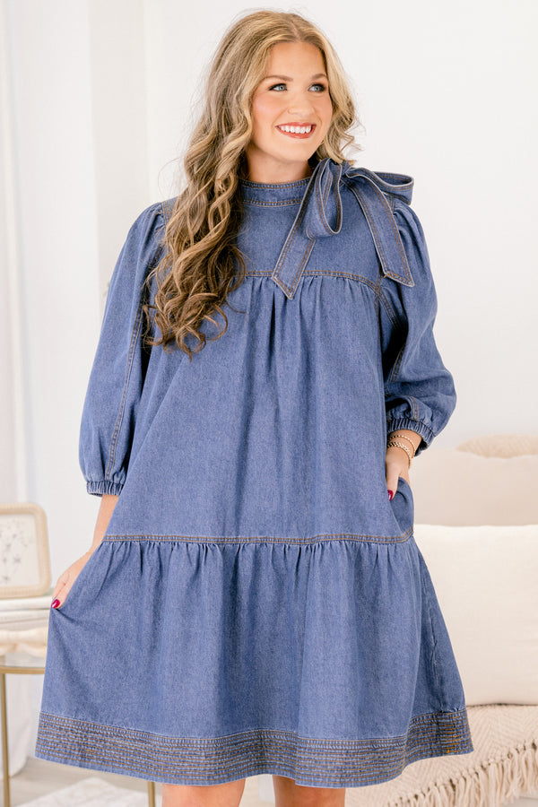 Chic Soul plus size clothing, medium wash denim 3/4 sleeve tiered baby doll dress with oversized bow tie at the collar