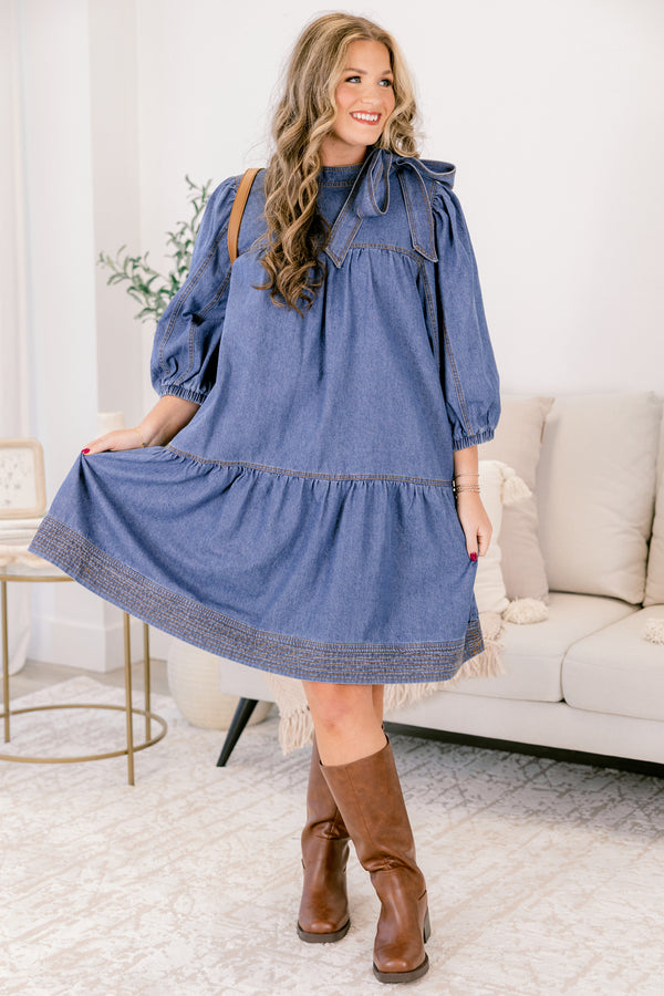 Chic Soul plus size clothing, medium wash denim 3/4 sleeve tiered baby doll dress with oversized bow tie at the collar