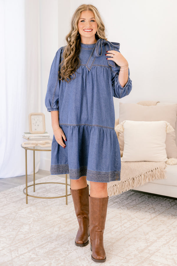 Chic Soul plus size clothing, medium wash denim 3/4 sleeve tiered baby doll dress with oversized bow tie at the collar