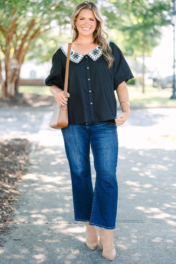 Plus Size black cotton button-down top with a white embroidered Peter Pan collar and puff sleeves.