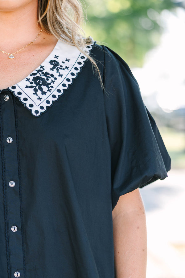 Plus Size black cotton button-down top with a white embroidered Peter Pan collar and puff sleeves.