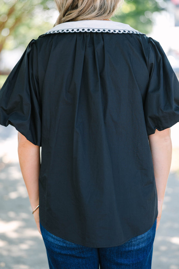 Plus Size black cotton button-down top with a white embroidered Peter Pan collar and puff sleeves.