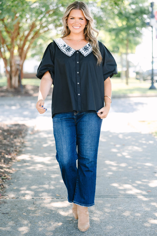Plus Size black cotton button-down top with a white embroidered Peter Pan collar and puff sleeves.