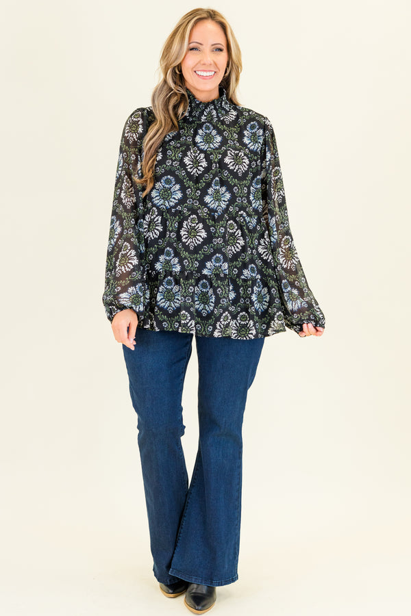 Chic Soul plus size clothing, long-balloon-sleeve black top with smocked turtle-neck and blue and white floral pattern