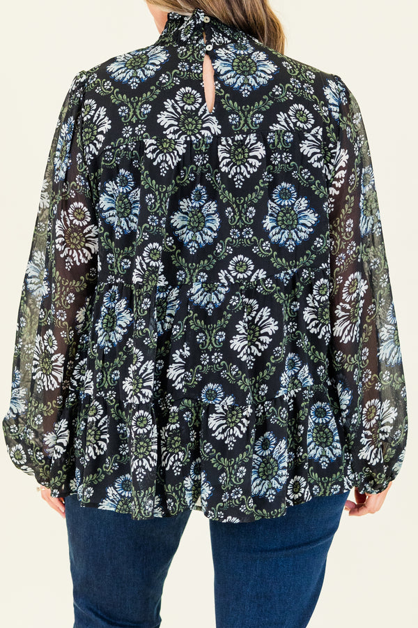 Chic Soul plus size clothing, long-balloon-sleeve black top with smocked turtle-neck and blue and white floral pattern