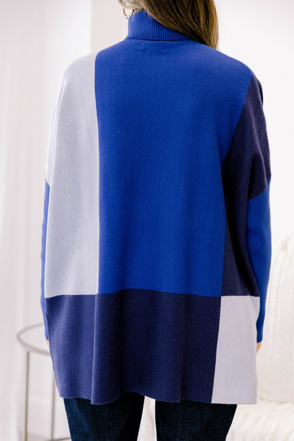 Chic Soul plus size clothing, different shades of blue color block turtle neck sweater tunic 