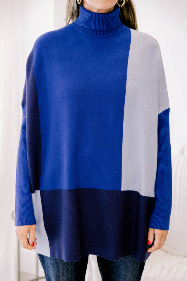Chic Soul plus size clothing, different shades of blue color block turtle neck sweater tunic 