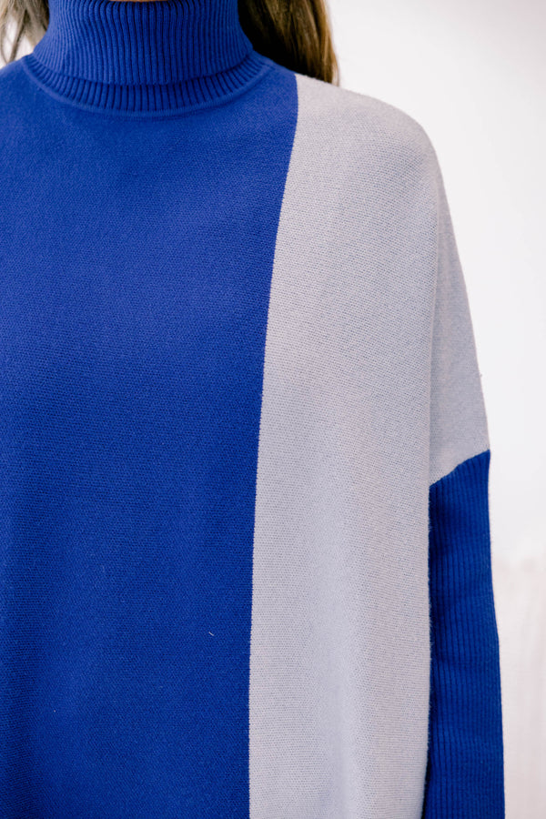 Chic Soul plus size clothing, different shades of blue color block turtle neck sweater tunic 