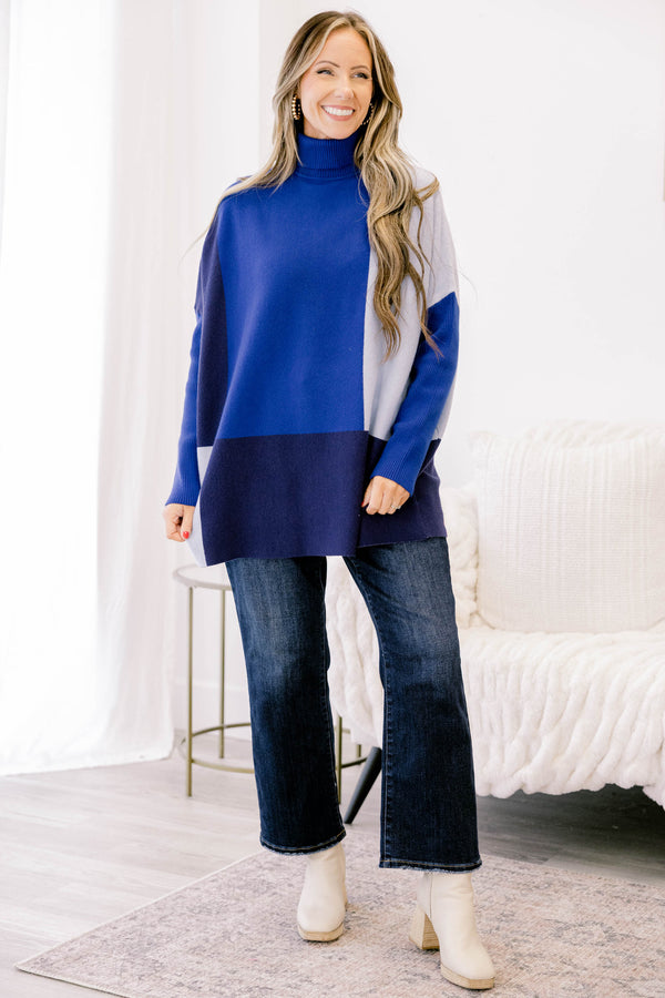 Chic Soul plus size clothing, different shades of blue color block turtle neck sweater tunic 