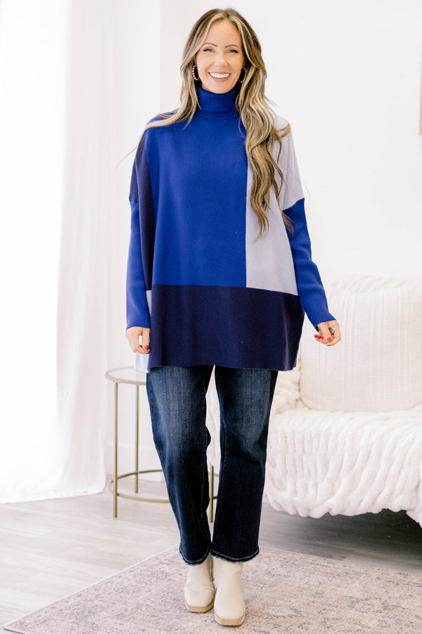 Chic Soul plus size clothing, different shades of blue color block turtle neck sweater tunic 