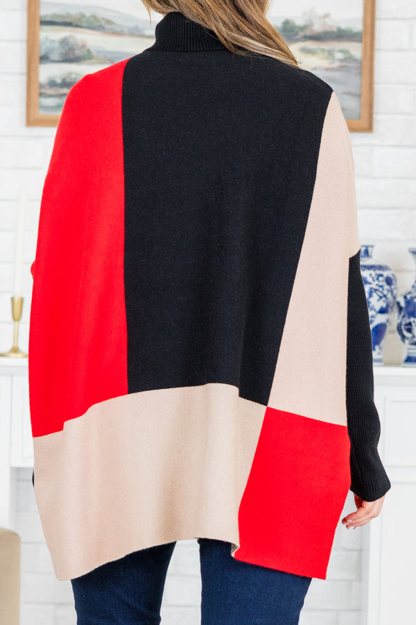 Chic Soul plus size clothing, multicolor long sleeve colorblock knit sweater with black/red/taupe colors with turtleneck detail