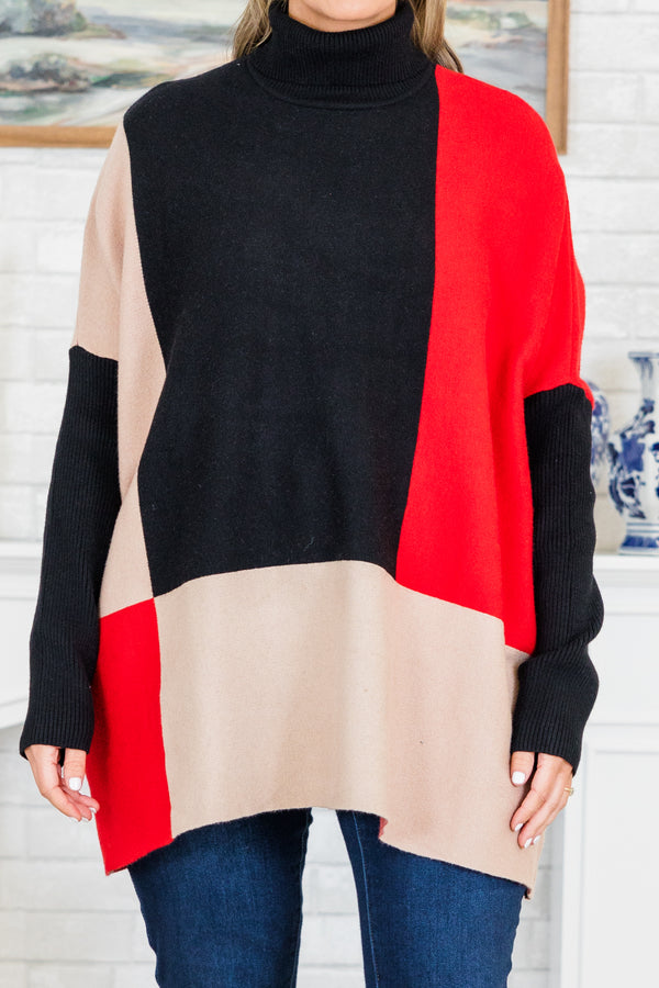 Chic Soul plus size clothing, multicolor long sleeve colorblock knit sweater with black/red/taupe colors with turtleneck detail