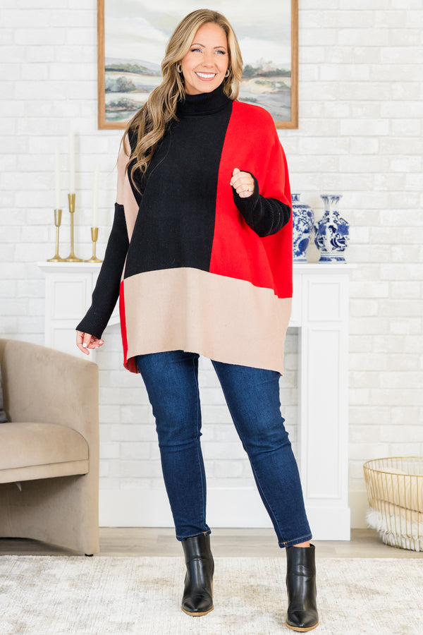 Chic Soul plus size clothing, multicolor long sleeve colorblock knit sweater with black/red/taupe colors with turtleneck detail