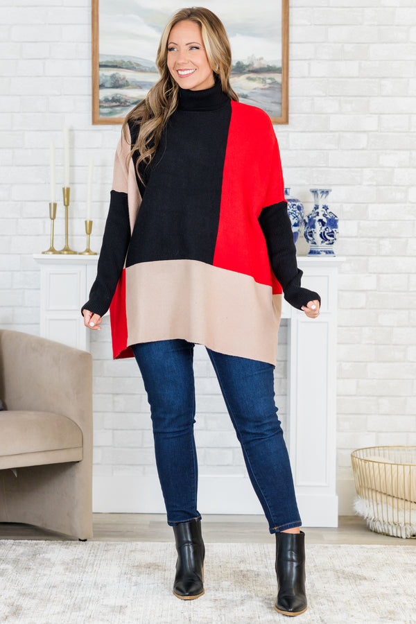 Chic Soul plus size clothing, multicolor long sleeve colorblock knit sweater with black/red/taupe colors with turtleneck detail