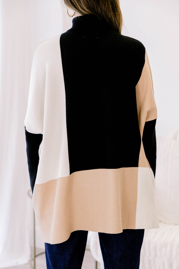 Chic Soul plus size clothing, black tan and cream long sleeve turtle neck tunic sweater