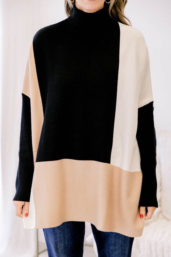 Chic Soul plus size clothing, black tan and cream long sleeve turtle neck tunic sweater