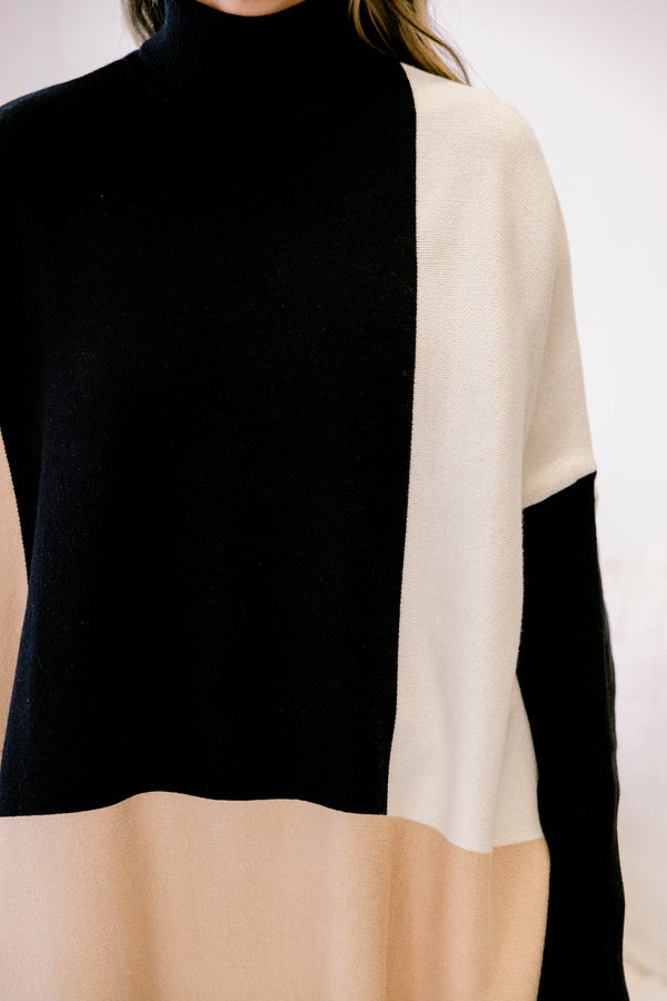 Chic Soul plus size clothing, black tan and cream long sleeve turtle neck tunic sweater