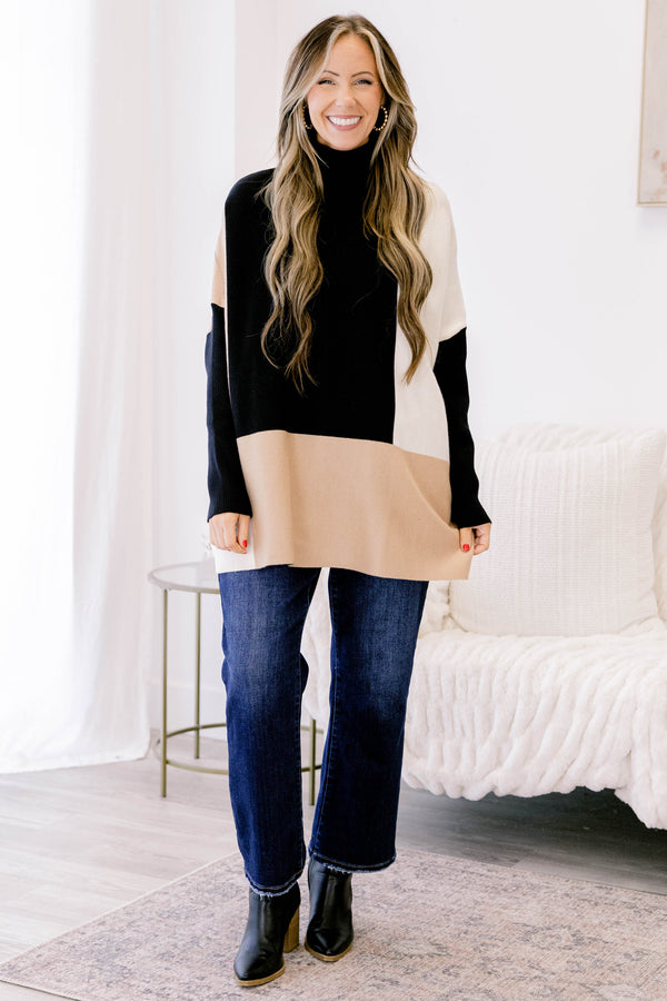Chic Soul plus size clothing, black tan and cream long sleeve turtle neck tunic sweater