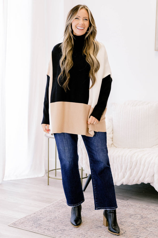 Chic Soul plus size clothing, black tan and cream long sleeve turtle neck tunic sweater