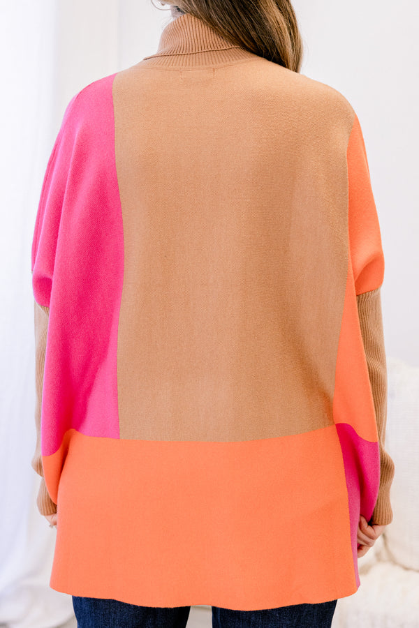 Chic Soul plus size clothing, tan orange and hot pink color block turtle neck tunic sweater