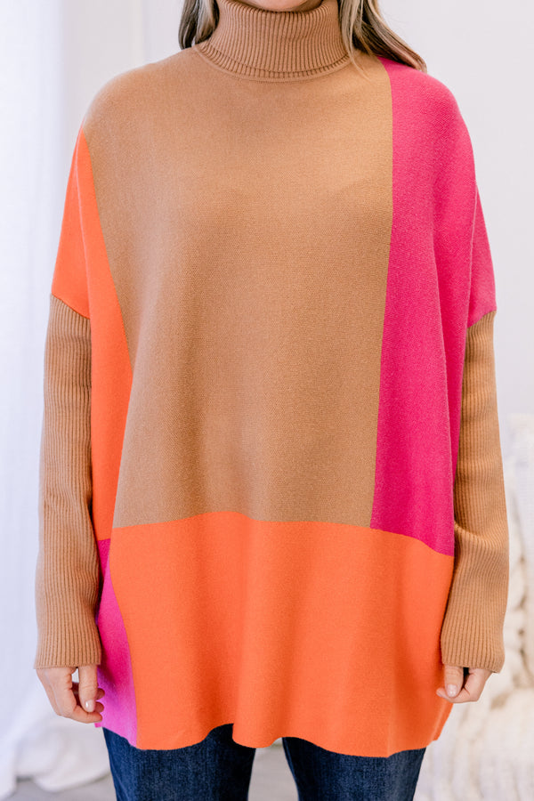 Chic Soul plus size clothing, tan orange and hot pink color block turtle neck tunic sweater