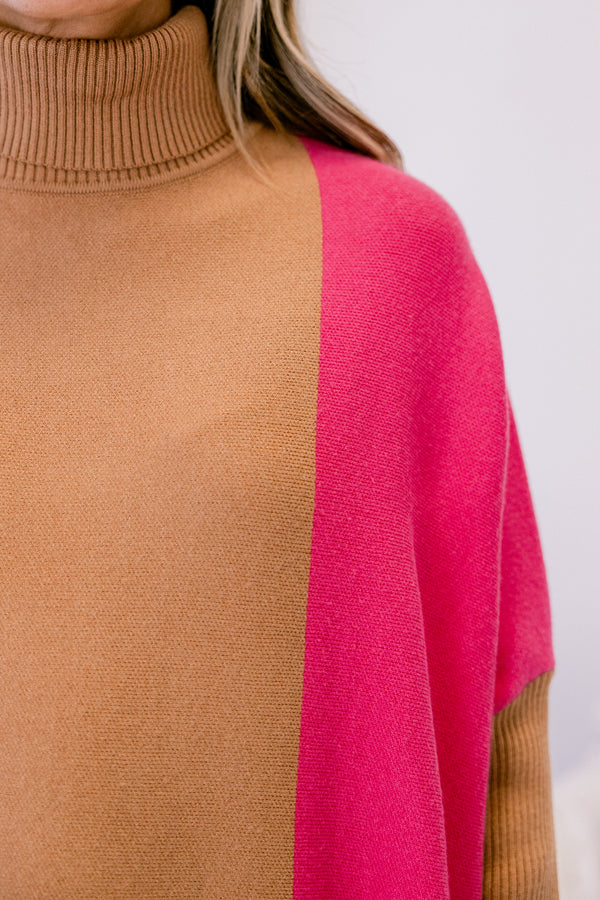 Chic Soul plus size clothing, tan orange and hot pink color block turtle neck tunic sweater