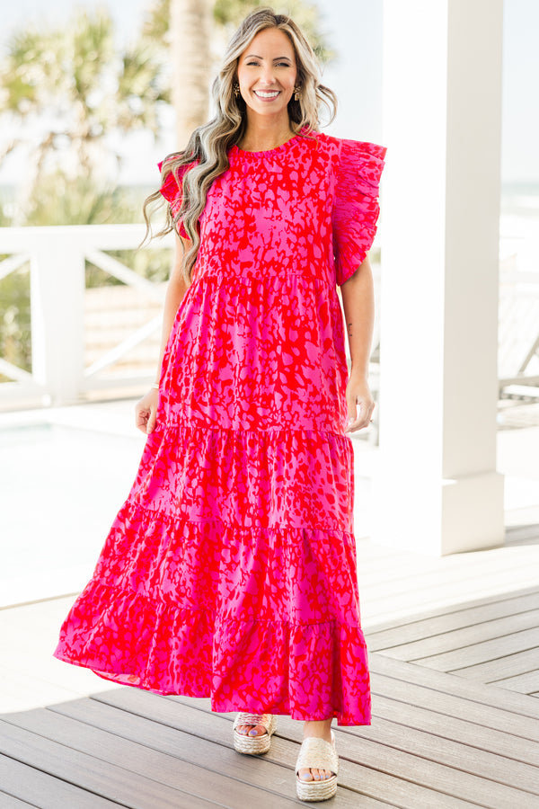 fuchsia maxi dress with sleeves Lace Flounce Sleeve Maxi Dress Fuchsia Red