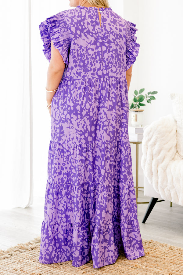 Chic Soul plus size clothing, purple tiered maxi dress with flutter sleeves and an abstract pattern 