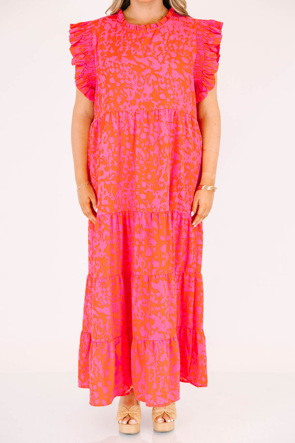 Chic Soul plus size clothing, fuchsia short sleeve tiered maxi dress with abstract spotted print with round neckline with ruffle detail with ruffle sleeves