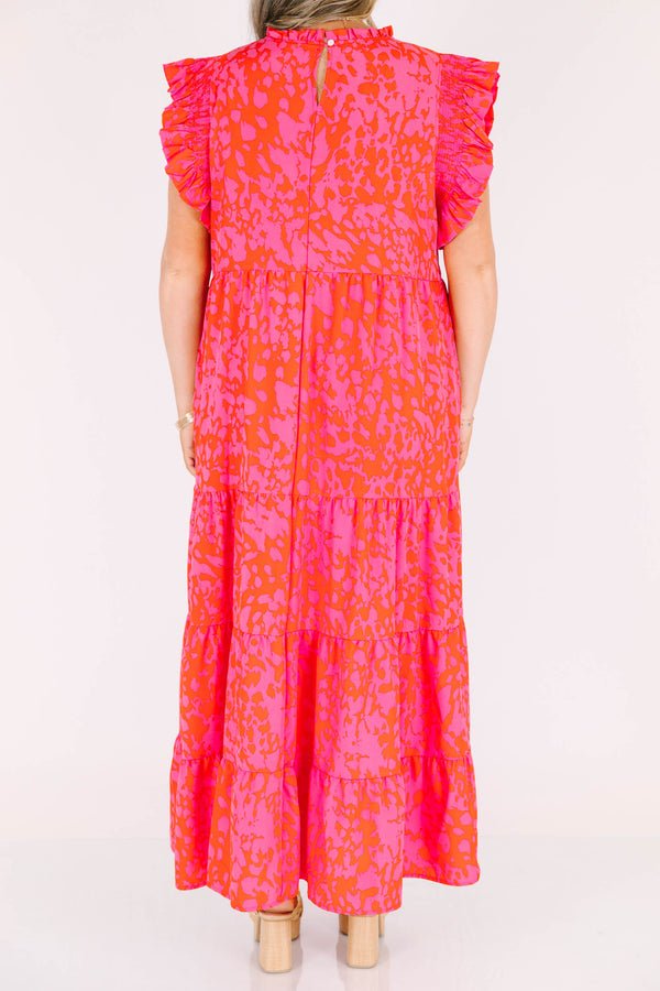 Chic Soul plus size clothing, fuchsia short sleeve tiered maxi dress with abstract spotted print with round neckline with ruffle detail with ruffle sleeves