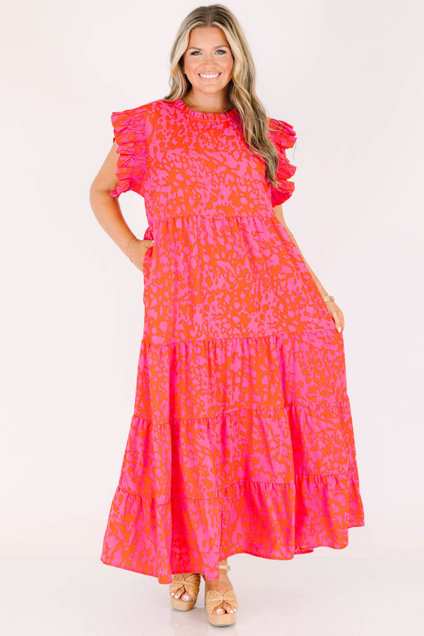 Chic Soul plus size clothing, fuchsia short sleeve tiered maxi dress with abstract spotted print with round neckline with ruffle detail with ruffle sleeves