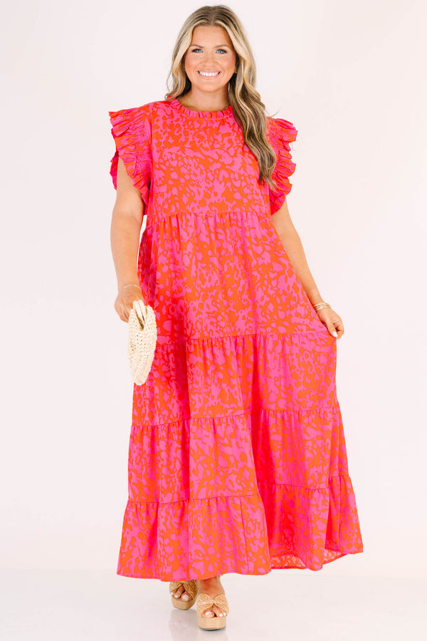 Chic Soul plus size clothing, fuchsia short sleeve tiered maxi dress with abstract spotted print with round neckline with ruffle detail with ruffle sleeves