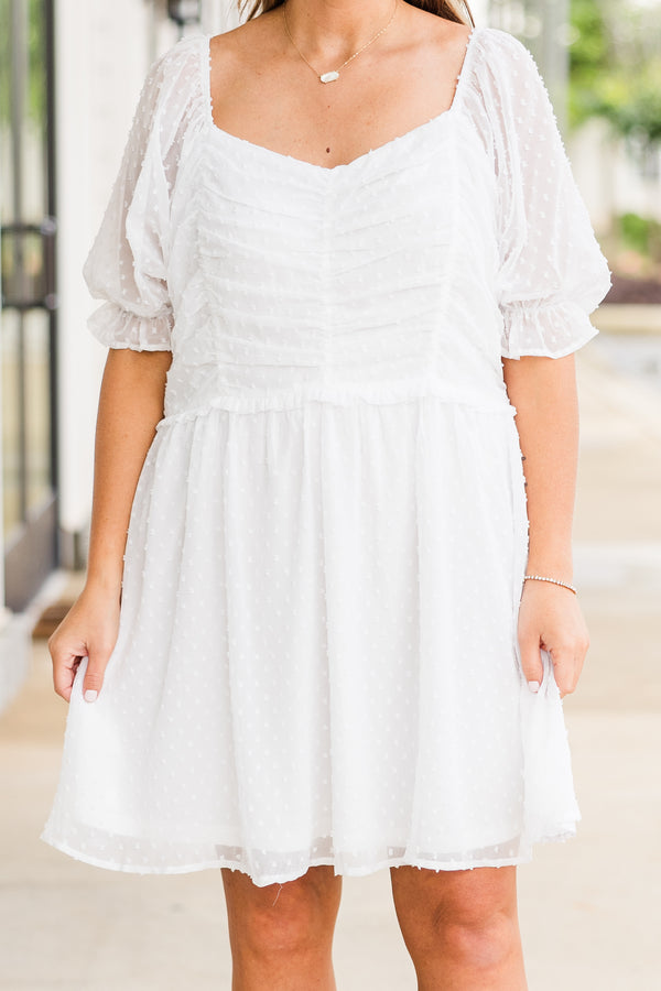Chic Soul plus size clothing, short sleeve ivory baby doll dress with lace detailing and puffed sleeves