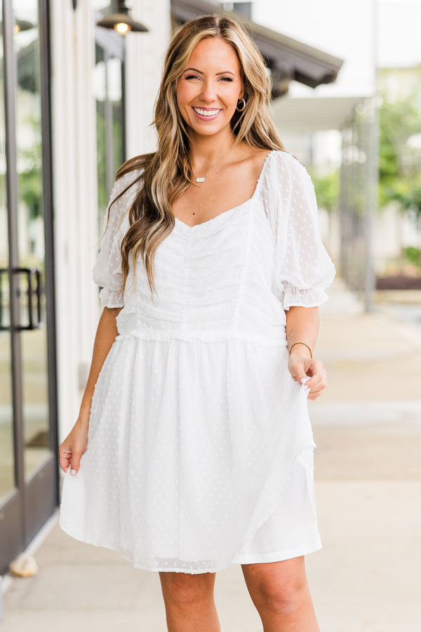 Chic Soul plus size clothing, short sleeve ivory baby doll dress with lace detailing and puffed sleeves