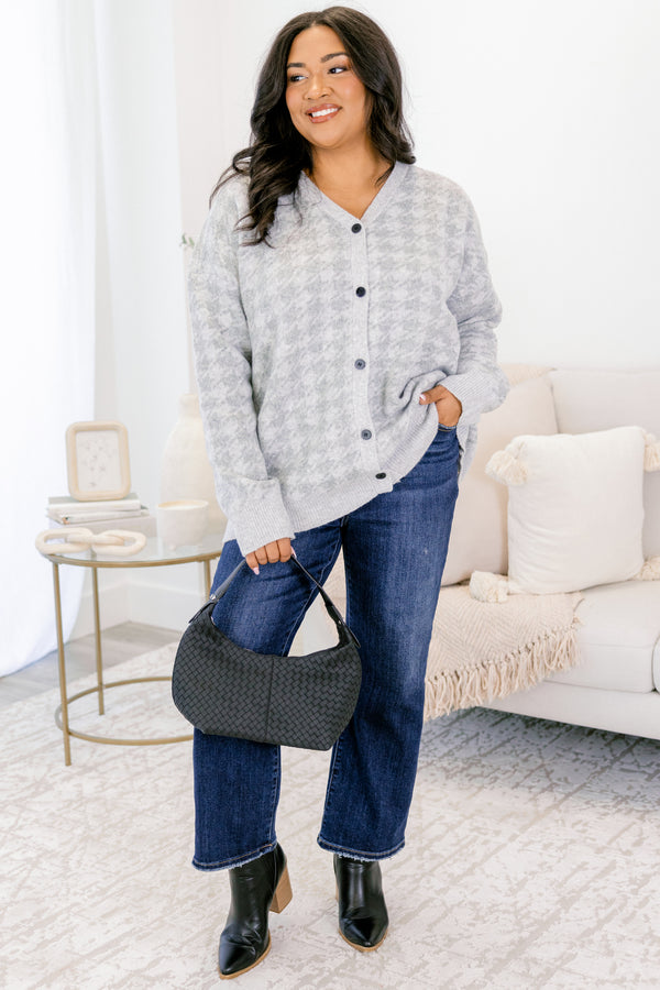 Chic Soul plus size clothing, gray long sleeve cardigan with light grey houndstooth print and black button closure along the front