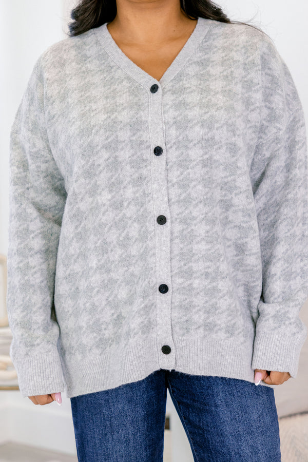 Chic Soul plus size clothing, gray long sleeve cardigan with light grey houndstooth print and black button closure along the front