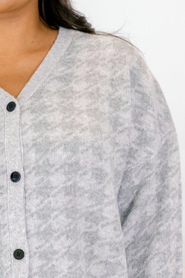 Chic Soul plus size clothing, gray long sleeve cardigan with light grey houndstooth print and black button closure along the front