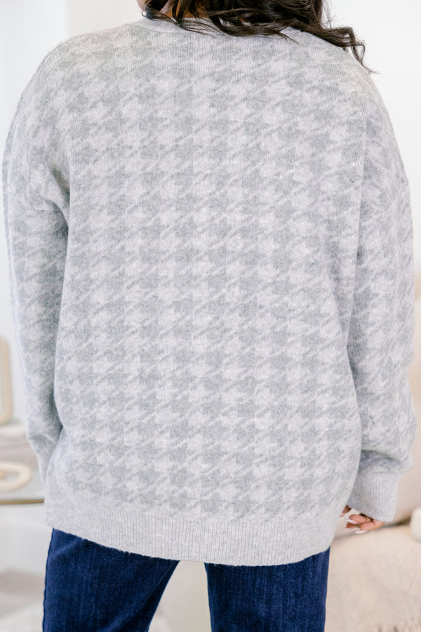 Chic Soul plus size clothing, gray long sleeve cardigan with light grey houndstooth print and black button closure along the front