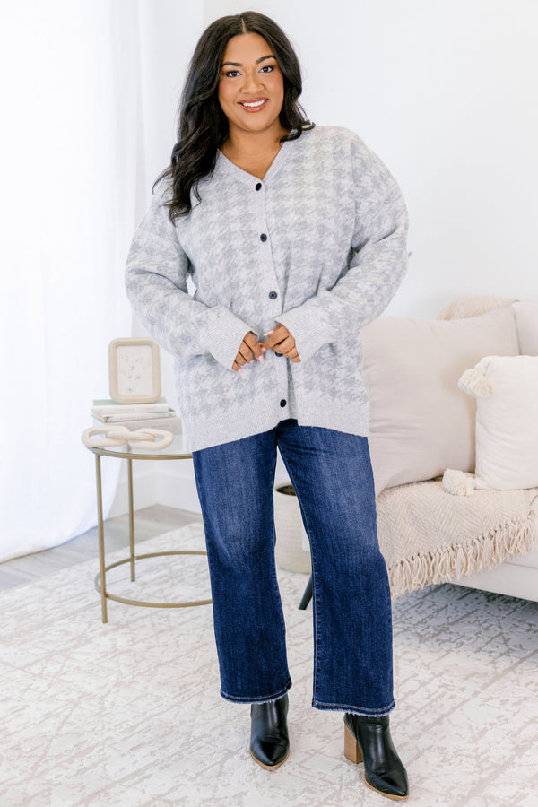 Chic Soul plus size clothing, gray long sleeve cardigan with light grey houndstooth print and black button closure along the front