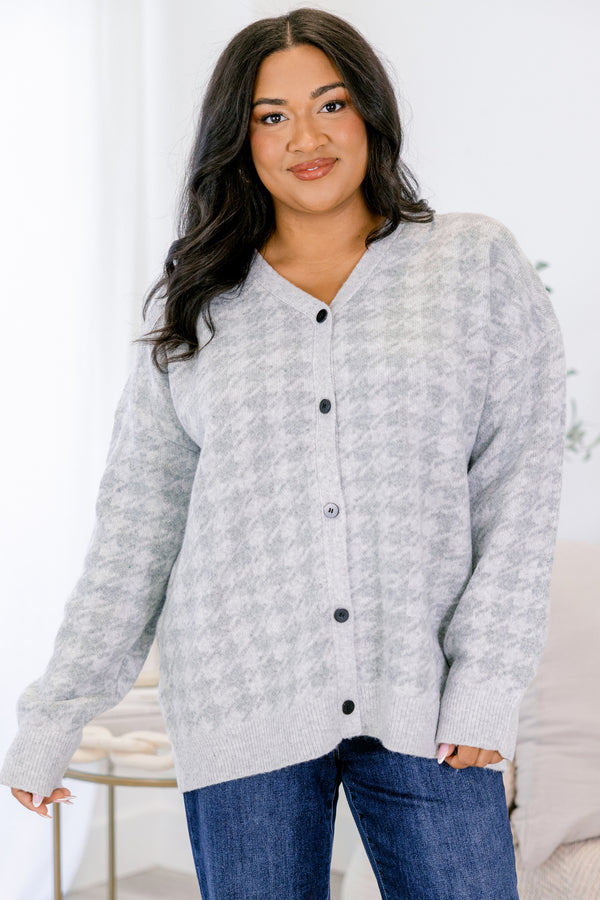 Chic Soul plus size clothing, gray long sleeve cardigan with light grey houndstooth print and black button closure along the front