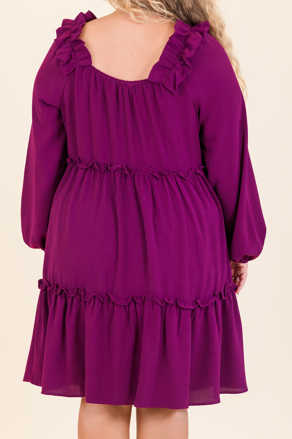 Chic Soul plus size clothing, plum long sleeve mini dress with ruffle tier detailing with round neckline and ruffle detail on shoulders with cuff bubble sleeves