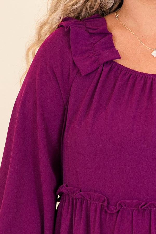 Chic Soul plus size clothing, plum long sleeve mini dress with ruffle tier detailing with round neckline and ruffle detail on shoulders with cuff bubble sleeves