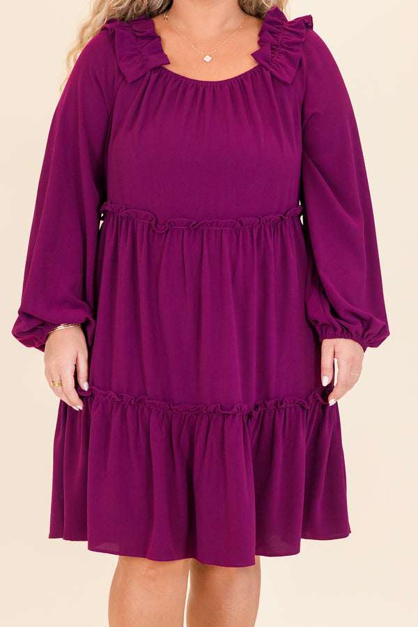 Chic Soul plus size clothing, plum long sleeve mini dress with ruffle tier detailing with round neckline and ruffle detail on shoulders with cuff bubble sleeves