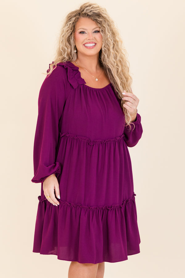 Chic Soul plus size clothing, plum long sleeve mini dress with ruffle tier detailing with round neckline and ruffle detail on shoulders with cuff bubble sleeves